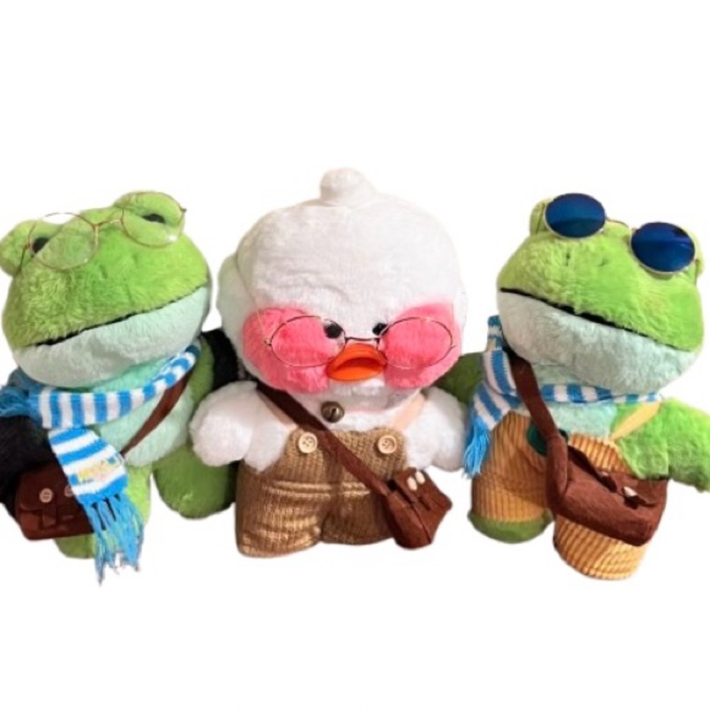 Lalafanfan-Set/3 Adorable Fashionable Plush. 2/Frogs 1/Duck 3/Pairs of glasses.